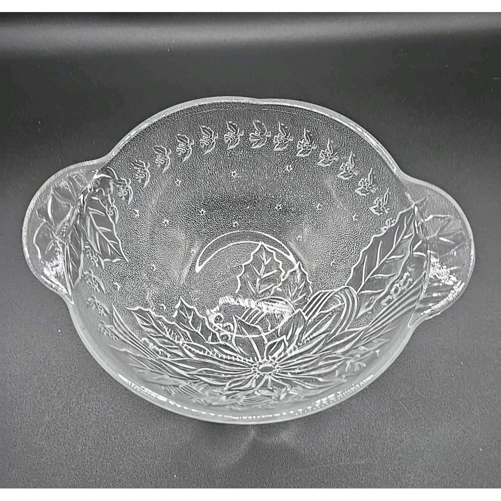 Clear and Frosted Poinsettia and Holly Candy Nut Bowl 2 Handles 6.5" W x 2.25" H